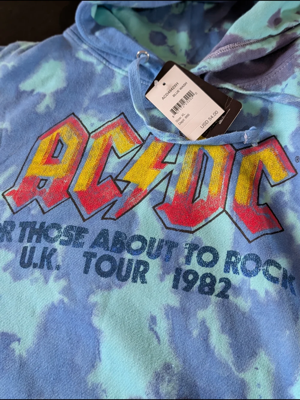 AC/DC For Those About To Rock UK Tour Blue Tie Dye Pullover Hoodie Men's XL - Picture 2 of 5